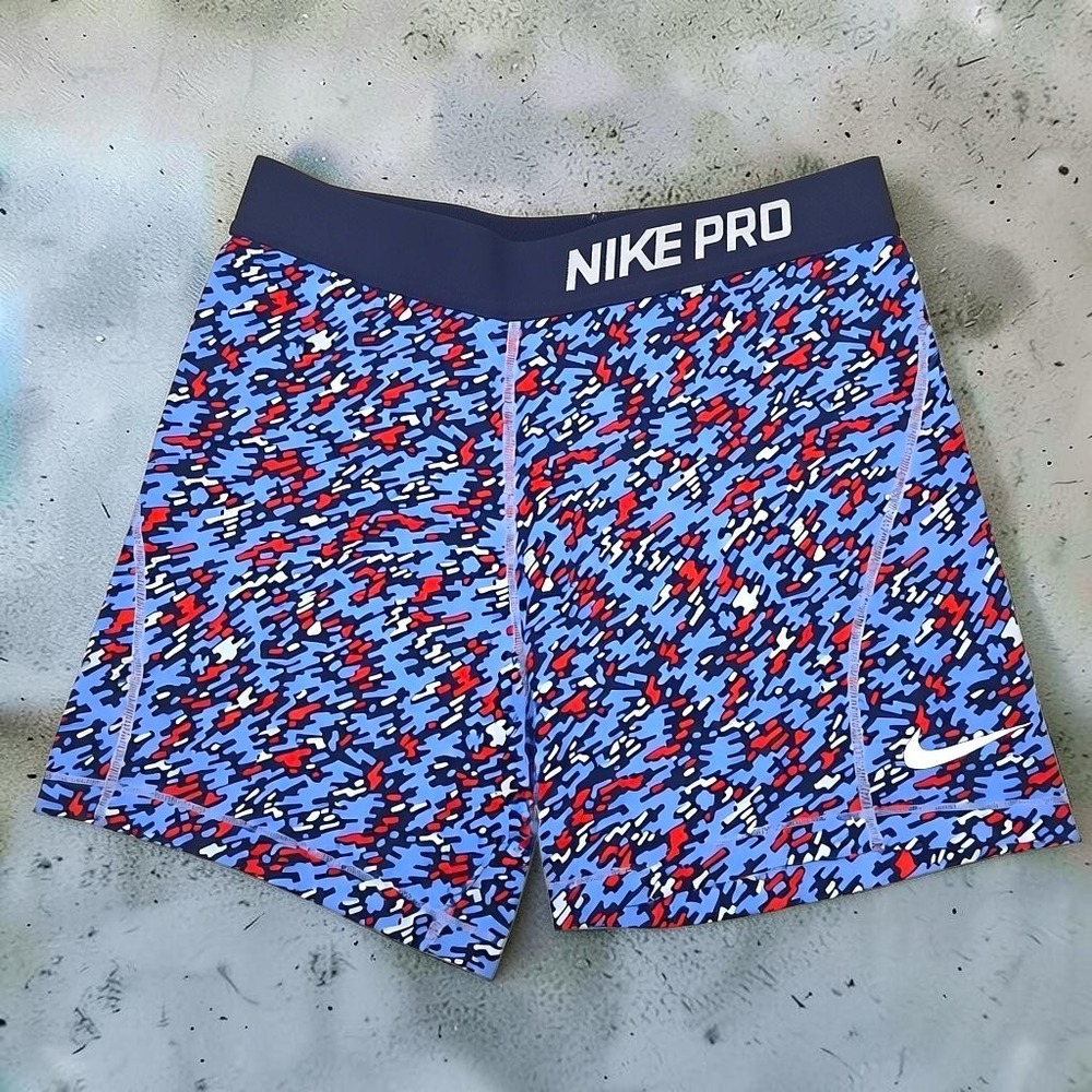 Nike Pro Compression Shorts Womens XL Blue Red Abstract Camo Athletic Spandex